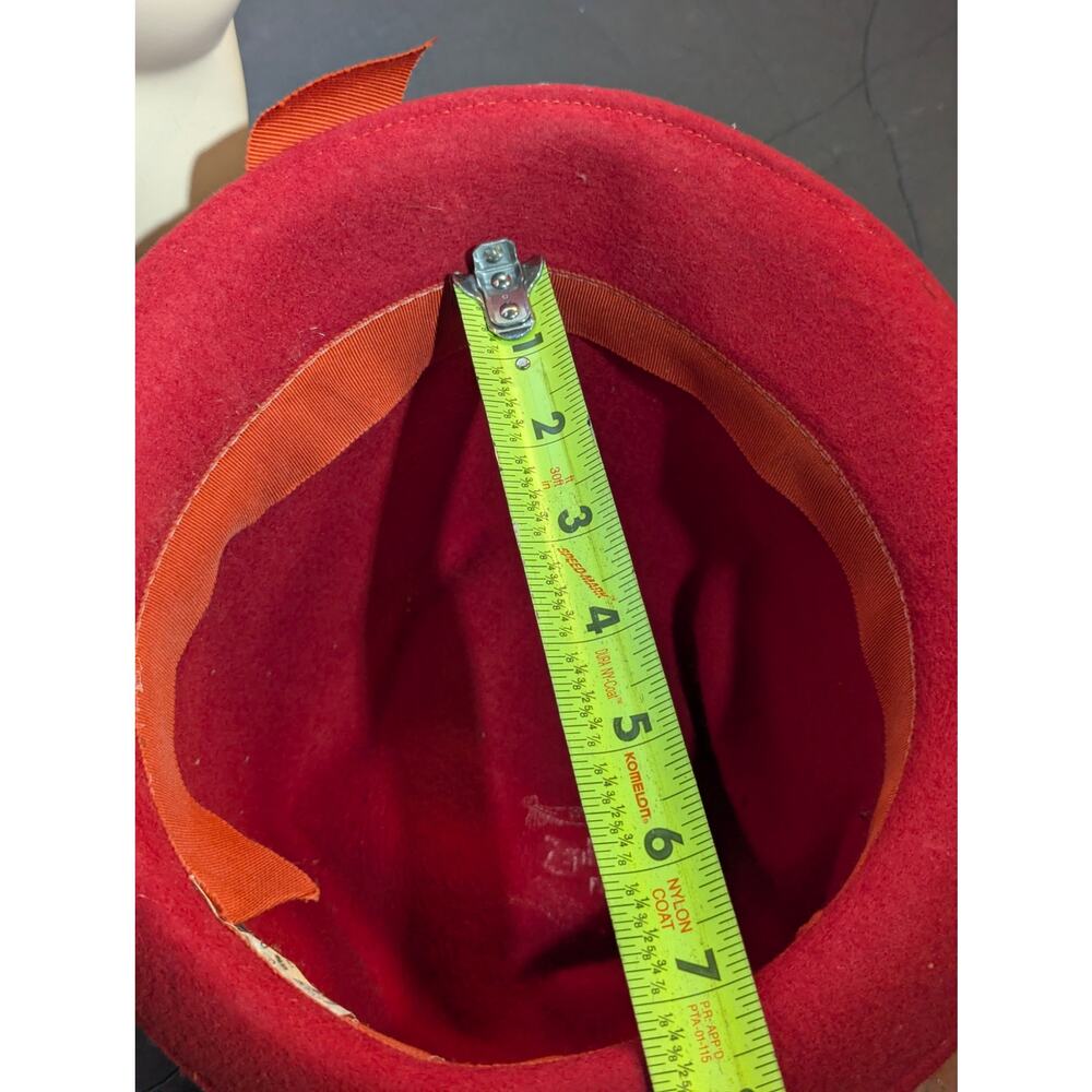 Vintage 50s Red Fur Felt Cloche Hat Orange Ribbon Bow Mid-Century Mod Fedora - Picture 2 of 8